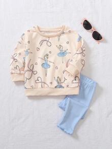 SHEIN Playful Pals 2pcs/Set Baby Girl Infant Casual Cute Everyday Versatile Ballet Girl Bow Pattern Knit Soft Baby Fabric Crew Neck Long Sleeve Sweatshirt Tee And Skinny Pants Purple Pants Set, Autumn/Winter Outfit - Blue - View 1