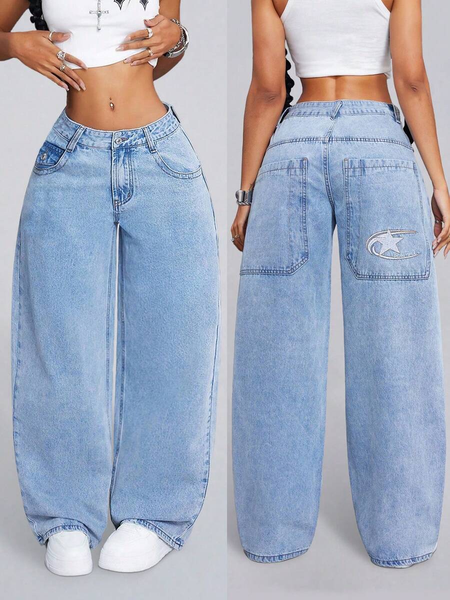 SHEIN ICON Women's Front Button Pocket Casual Denim Jeans, Everyday Wear Low Rise Straight Leg Baggy Jeans Women - Baby Blue - View 1