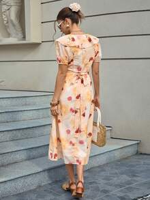 Cévolie Women's Summer New French Ruffled V-Neck Floral Tie Waist Slimming Puff Sleeve Romantic Printed Chiffon Dress - Yellow - View 2