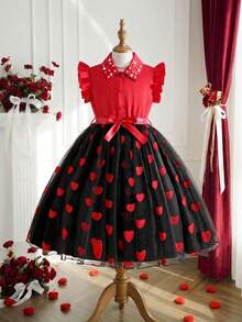 European And American Fashion New Girls Shirt Collar Cap Sleeve Airy Heart Mesh Skirt Casual/Holiday Outfit, Polo Collar Bow Elegant Princess Dress - Multicolor - View 4