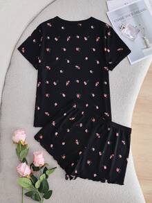 SHEIN Women's Floral Print Casual Pajama Set - Black - View 2