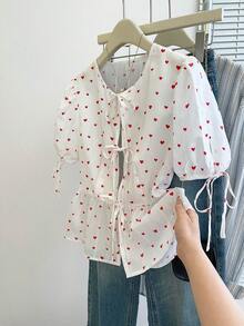 Resyla Women's Spring/Summer New French Romantic Bow Tie Heart Print Open Front Puff Sleeve Blouse - White - View 5