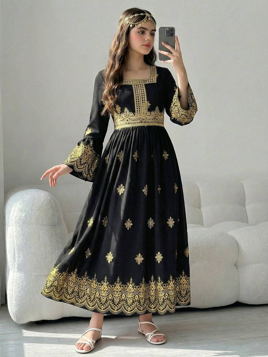 Tween Girl Floral Print Elegant Long Sleeve Dress With Square Neckline, Abaya Dress For Tween Girl, Modest Black And Gold Autumn Evening Party Islamic Gown - Black and Gold - View 1