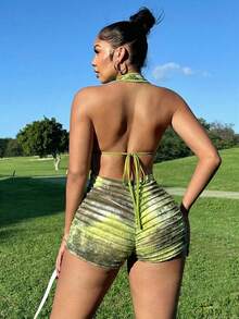 Zolique 2025春夏新款女士性感无袖扎染面料摆领木珠装饰后背绑带设计套装，适合音乐节穿着 - 綠色 - 查看 2