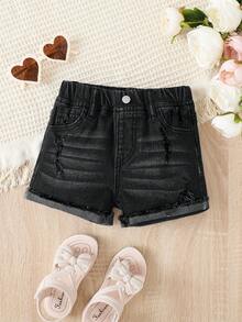 SHEIN 少女夏季休闲水洗做旧牛仔短裤 - 黑色 - 查看 1