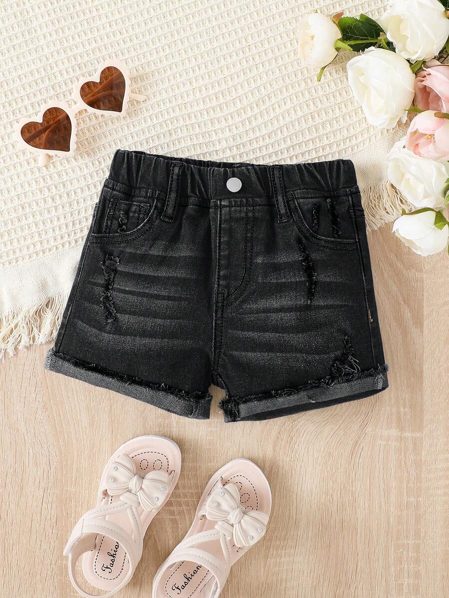 SHEIN 少女夏季休闲水洗做旧牛仔短裤 - 黑色 - 查看 1