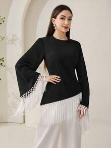 Veilorie Áo kiểu dáng mới, vạt áo bất đối xứng, phối màu, thắt eo tua rua, tay xòe, kiểu dáng thanh lịch. - màu đen - Xem 2