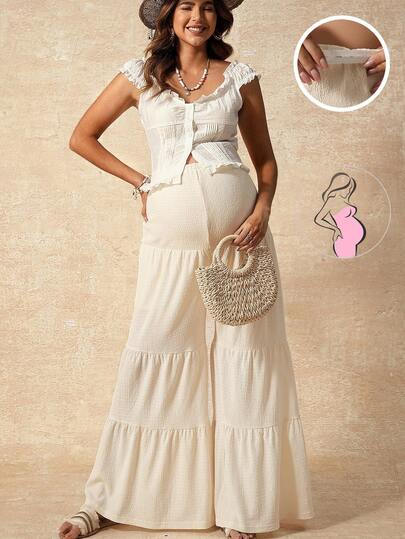 Boho Mama Maternity Wear, Apricot Textured Wide-Leg Pants, Bohemian Style Summer Vacation Apricot Textured Cake Pleated Trousers