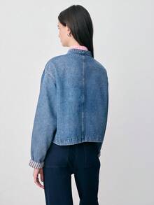 Nöista Denim Jacket With Oriental Style Button, Regular Fit, Mao Collar And Front Pockets, Chinese Style Jacket. Spring, Summer Outfit, Casual Outfit For Women. - Medium Wash - View 2