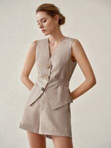 MOTF PREMIUM WOMEN'S DECORATIVE BUTTON TIE WAIST LINEN-LIKE TANK TOP - Khaki - View 4