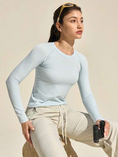 Exploreva 女士纯色运动长袖T恤，无缝圆领长袖T恤，女士健身修身长袖T恤