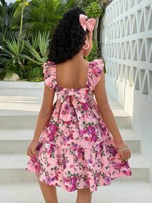 少女碎花束腰V领连衣裙，适合海滩、度假、夏威夷之旅、家庭亲子装、姐妹合照、公园、露营、派对、日常休闲、假日穿着。 - 粉色 - 查看 3