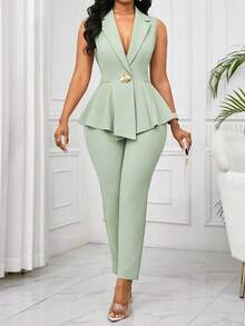 SHEIN Lady 大码女式纯色立领金属装饰荷叶边下摆背心上衣和裤子正式套装，通勤风格 - 薄荷綠 - 查看 9