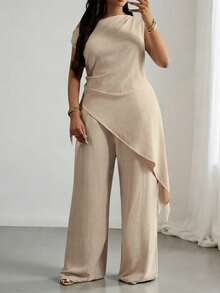 Vavine Women's Solid Color Asymmetric Hem Top And Wide Leg Pants Casual 2 Pieces Set, Spring/Summer - Khaki - View 1