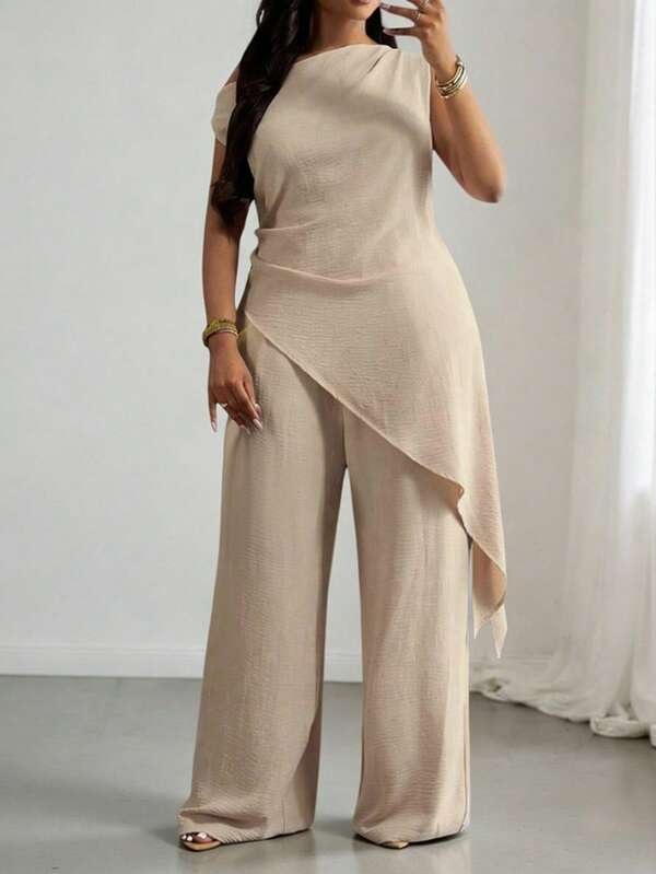 Vavine Conjunto casual de 2 piezas de top con bajo asimétrico y pantalones de pierna ancha de unicolor, para primavera/verano