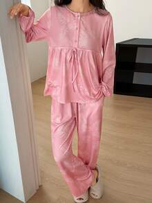 DAZY Conjunto de pijama con estampado floral y mangas de farol para mujer - Rosa - Ver 6