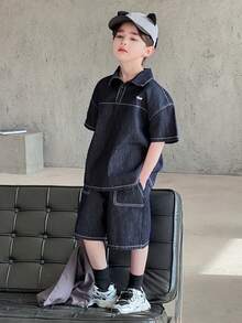 DAZY Tween Boy Letter Graphic Short Sleeve Denim Top And Denim Shorts Casual Outfit Summer - Blue - View 4