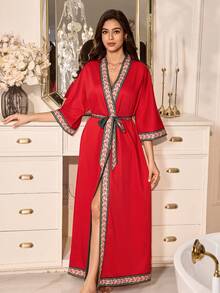 SHEIN Contrast Color Print Patchwork Collar 3/4 Sleeve Sexy Long Women Robe - Red - View 4