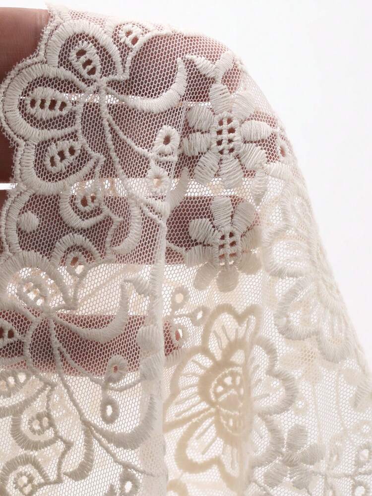 FRIFUL 女士纯色蕾丝刺绣薄纱优雅时尚半身裙 - 杏色 - 查看 8