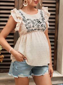 SHEIN 花卉刺绣荷叶边下摆孕妇上衣 - 杏色 - 查看 5