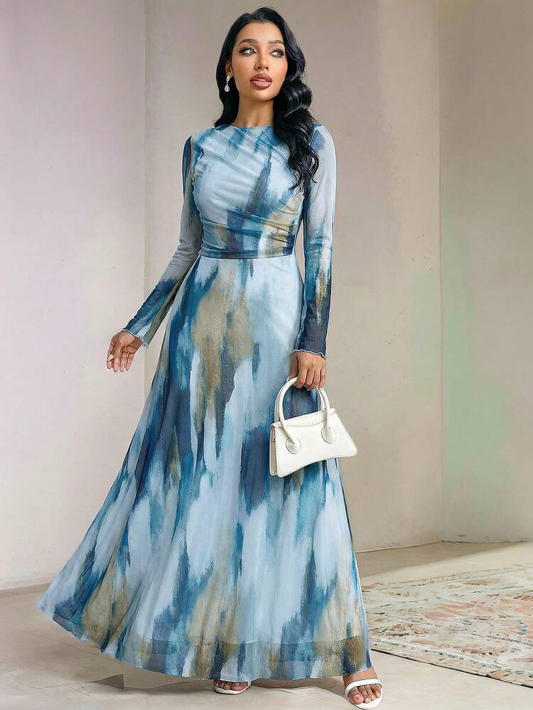 Veilorie Women's Fashionable & Elegant Tie-Dye Print Dress Modest Maxi  Dress Maxi Long Sleeve Dress | SHEIN USA