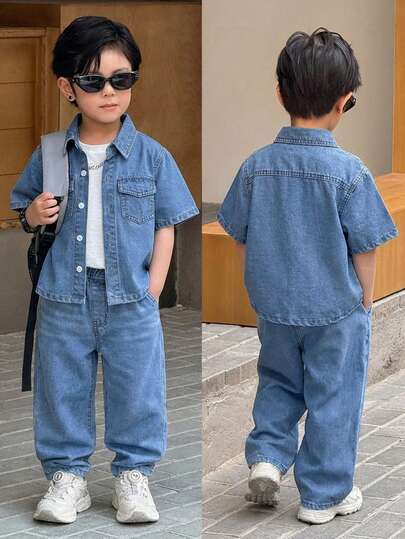 SHEIN 2pcs/Set Young Boy New Fashion Casual Basic Soft Light Washed Blue Denim Loose Fit Short Sleeve Shirt With Pocket And Elastic Waist Loose Fit Jeans,For Boys Spring/Summer Dailywear Outfits,Boys Streetwear Outfit,For Boys Vacation Outfits,Beach Party Outfits For Boys,For Boys Birthday Party And Summer Holiday Outfits,Casual Clothes For Boys,Summer Two-Piece Set,Toddler Casual Two-Piece Set,Spring Two-Piece Set,