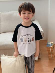 DAZY Young Boy Cartoon Print Round Neck Short Sleeve Top And Plaid Print Pants Pajama Set - White - View 6