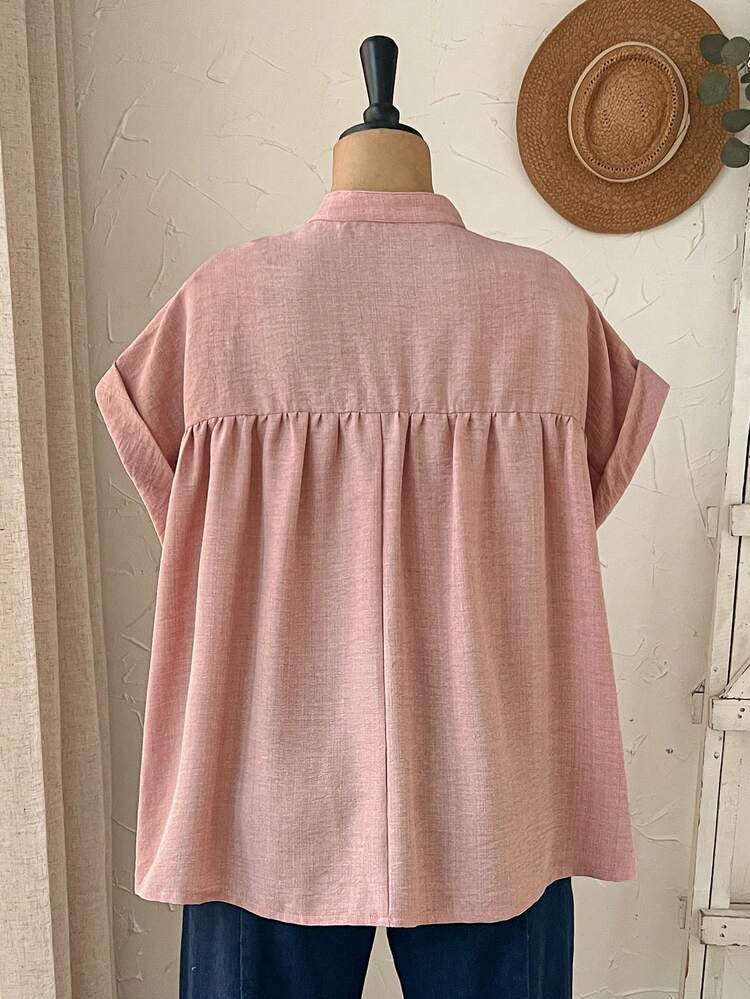 Plus Plus Size Women's Summer Casual Vacation Country Pleated Decor Short Sleeve Loose Fit Solid Color Pink Blouse For Summer/ Vacation, Holiday,Spring Break, Going Out,2026 New,Simple And Fashionable For Everyday Wear,Casual Vacation Boho Top