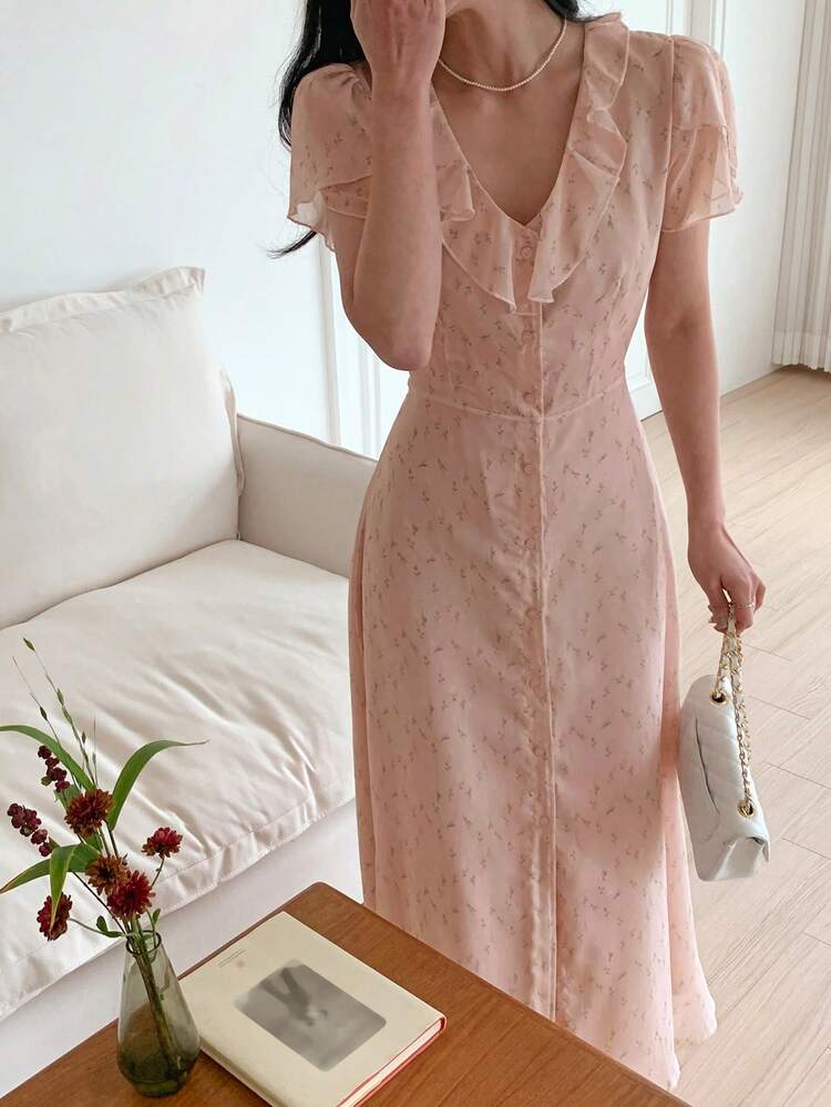 Women's V-Neck Ditsy Floral Waist Cinched Mid-Length Dress Maxi Dress