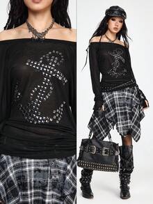 ROMWE Grunge Punk Spring/SummergraphicNavy Punk Style Anchor Rivet Off Shoulder Women's Long Sleeve Sheer Blouse - Black - View 1