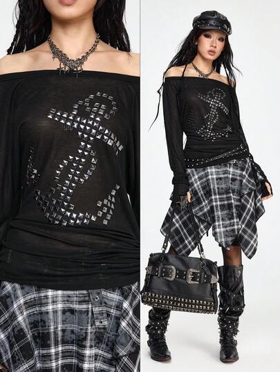 Grunge Punk Blouse transparente à manches longues et épaules dénudées, style punk marine avec ancre et rivets