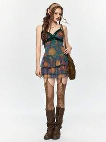 ROMWE Hippie Đầm hai dây ngắn nữ họa tiết ren hoa phối nhiều mảnh. - Nhiều màu - Xem 9