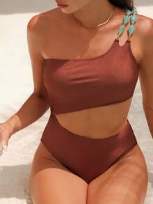 Swim Chiccia Swim Chic Sea-D Women Solid Color One Shoulder Chain Strap Decor One-Piece Swimsuit - Coffee Brown - View 7