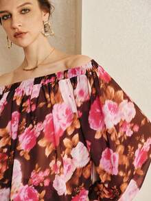 Arave 女士雪纺H型露肩浪漫印花优雅上衣 - 紅色 - 查看 6