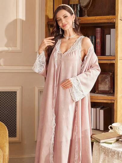 PalaceNights 1 Set Women's Fashion Jacquard Lace Trim Long Sleeve Long Robe + Sleeveless Nightgown Pajama Set