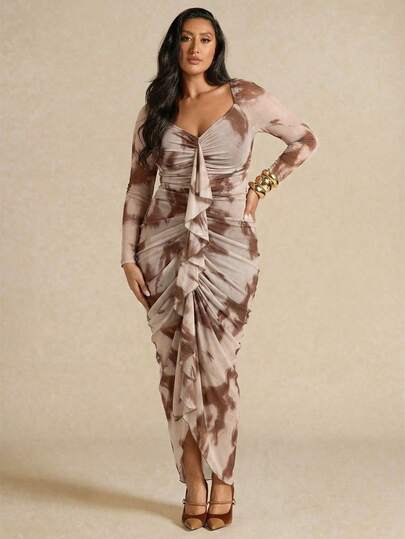 SHEIN BAE Plus Size Women's Polka Dot Print Pleated Elegant Ruffle Hem Long Sleeve Dress, Spring/Autumn