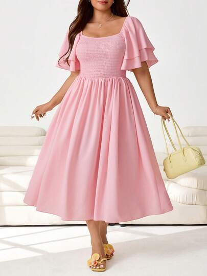 Solflare Plus Size Women's Casual Valentine's Day Solid Color Loose Fit Scoop Neck Elegant Short Sleeve Dress, Spring/Summer,New Year Outfit ,New Year Outfit,Pink