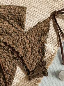 Swim Mod Bộ 3 món gồm áo bikini tam giác buộc dây cổ, quần bikini buộc dây bên hông và váy ngắn, chất liệu vải dệt hoa văn trơn, trang trí vỏ ngọc trai giả, viền bèo nhún, đồ bơi gợi cảm, bộ đồ hai mảnh móc len mùa xuân/hè, bộ đồ bơi hai mảnh móc len đi biển, bộ bikini móc len màu nâu, bộ đồ đi nghỉ mát cho nữ, bộ đồ đi biển cho nữ, bộ đồ phối hợp đi nghỉ mát cho nữ, bộ áo khoác ngoài bikini, bộ đồ che phủ đi biển. - màu nâu - Xem 3