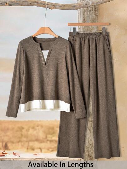 SHEIN Tall CURVE Plus Size Casual Contrast Color 2 In 1 Long Sleeve Top And Pants Set, Autumn