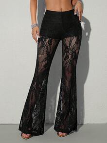 SHEIN PETITE CURVE Quần ống loe thanh lịch phối ren, xuyên thấu, dành cho nữ cỡ lớn và nữ dáng nhỏ nhắn, cạp cao giúp bạn trông thon gọn và dài chân hơn, phù hợp với phụ nữ dáng nhỏ nhắn. Phù hợp cho mọi mùa và mọi dịp, thích hợp cho nữ giới và các cô gái dáng nhỏ nhắn, quần ống loe mùa hè. - màu đen - Xem 6