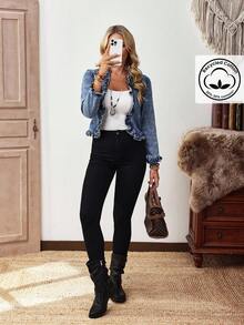 EMERY ROSE Plus Size Women Street Casual Comfortable Ruffle Trim Mid-Blue Denim Jacket - Medium Wash - View 6