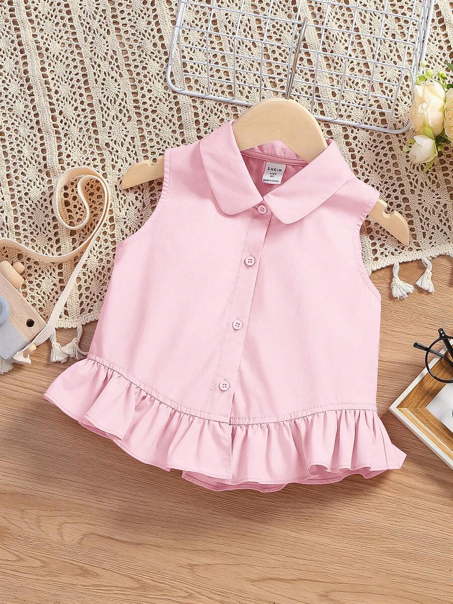 SHEIN Young Girl Sleeveless Ruffled Blouse - Baby Pink - View 1