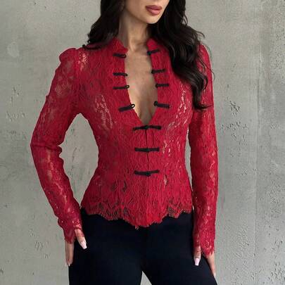 Camicetta donna a maniche lunghe con bottoni in pizzo nero in vita, stile retrÃ², nuova camicia stile cinese, camicetta in pizzo bianco a maniche lung