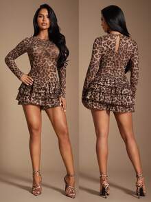 Radiana Women's Sexy Elegant Distinctive Leopard Print Layered Ruffle Hem Long Sleeve Romper, Multi-Layer Ruffle Cake Skirt Bodysuit, Fitted Jumpsuit, Casual Outfit, Cute Captivating Cheetah Print Clothing Suitable For Casual Outings, Dates, Gatherings, Afternoon Tea, Celebrations, Parties, Clubs, Nightlife, Music Festivals, Stretchy Mesh Fabric, Hugs The Body To Accentuate The Figure Sexy Leopard Dress Animal Print Dress - Multicolor - View 2