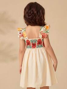 Travachic KIDS Young Girl Cute Floral Print Cap Sleeve Summer Vacation Dress - Apricot - View 2