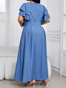 SHEIN Lady Đầm thanh lịch màu trơn tay bèo nhún thắt eo dành cho nữ cỡ lớn - Màu xanh lam - Xem 2