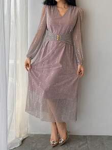 DAZY Robe longue élégante pour femmes avec décoration de sequins, robe scintillante, robe d'été - Rose bonbon - Voir 6