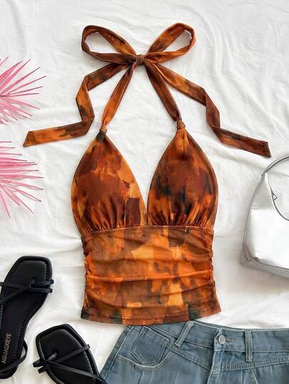 Soleia Blusa de tirantes con cuello halter plisada de moda casual con efecto tie-dye para mujer