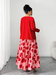 Elenzga Bộ 2 món trang phục thanh lịch và thời trang in họa tiết ngẫu nhiên cỡ lớn dành cho nữ ngày lễ tình nhân - Đỏ - Xem 2