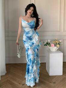 Celisse Robe élégante à volants avec imprimé floral pour femmes - Bleu azur - Voir 4
